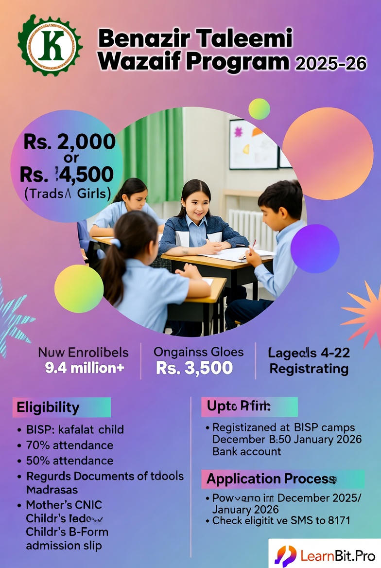 Benazir Taleemi Wazaif 2025-26: Children receiving education stipends in Pakistan